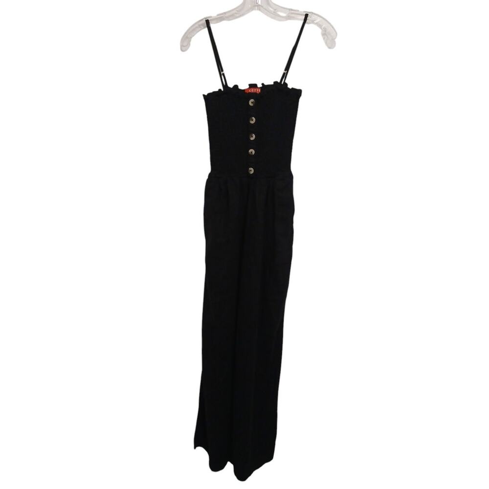 Y2K GUESS Linen Jumpsuit Sz S BLACK Smocked Tube Wide Leg Glam Disco Barbiecore
